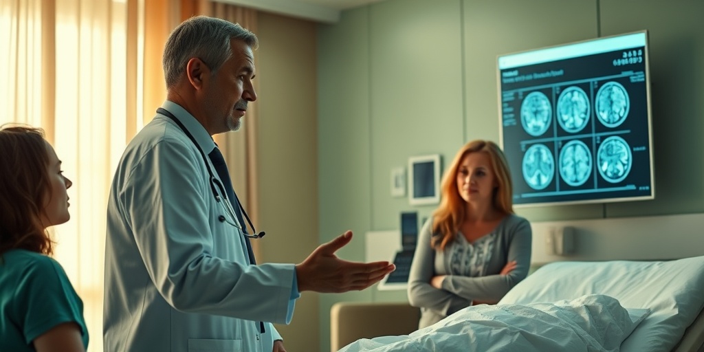 A doctor discusses treatment options with a concerned family, gesturing towards brain scans in a warm, supportive hospital scene.  4.png