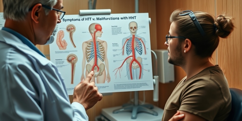 A doctor explains HHT symptoms to a patient, using an anatomical chart in a clinical setting.  2.png