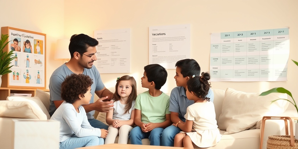 A family discusses vaccination benefits in a warm living room, emphasizing health and togetherness with educational visuals on the wall.  3.png