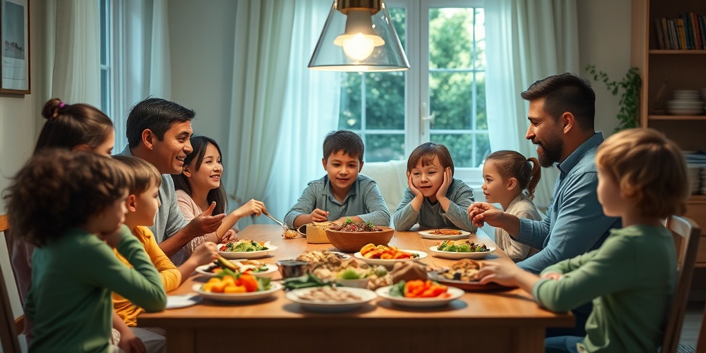 A family discussing healthy eating habits around a dining table, filled with nutritious foods and encouraging interactions. 4.png