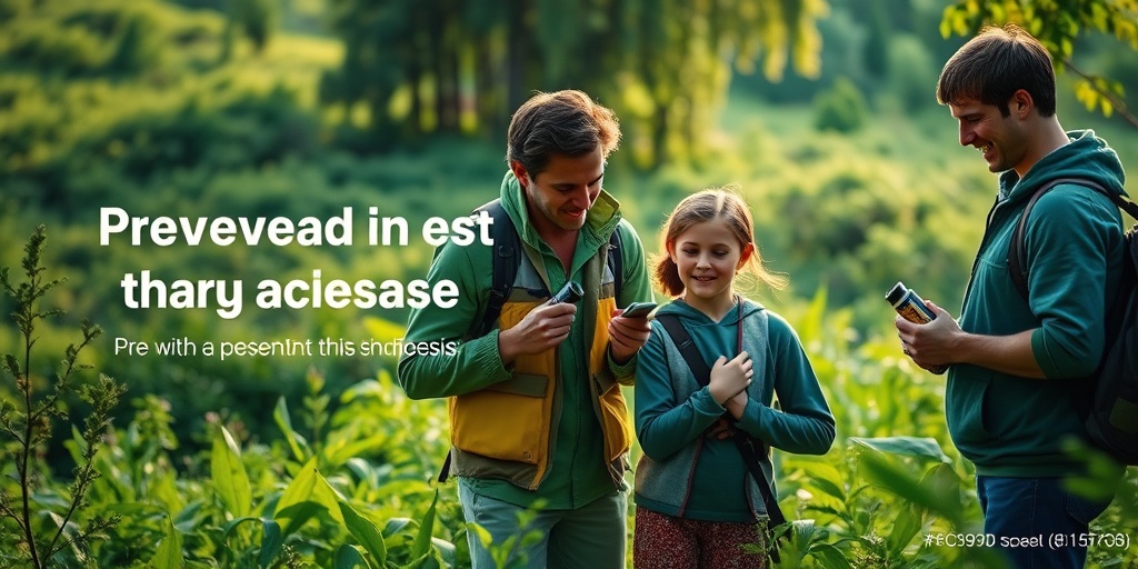 A family prepares for outdoor safety against Babesiosis, applying repellent in a vibrant green setting, emphasizing awareness.  5.png