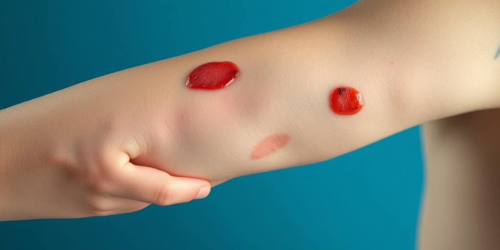 A gentle hand touches inflamed skin on a child's arm, highlighting red lesions in soft, cinematic lighting.  2.png