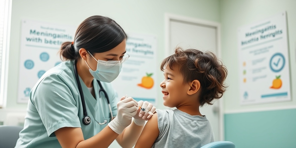 A healthcare professional administers a vaccine to a smiling child, promoting meningitis prevention in a bright, cheerful clinic.  5.png