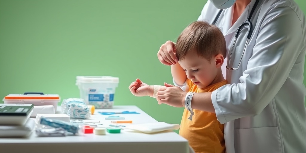 A healthcare professional applies a specialized dressing to a child's arm, emphasizing care in a bright, clinical setting.  4.png