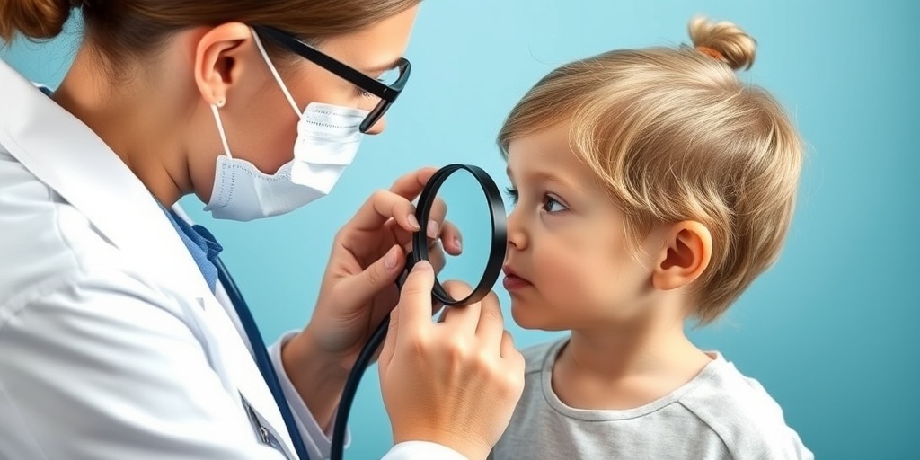 A healthcare professional examines a child's skin for impetigo, using a magnifying glass in a calm, clinical setting.  4.png
