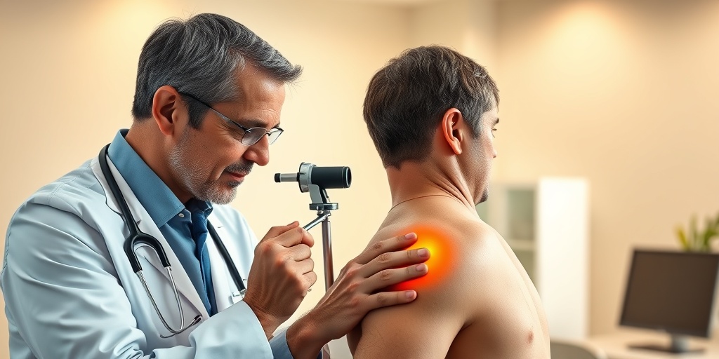 A healthcare professional examines a patient’s shoulder with a goniometer, conveying empathy in a warm, well-lit clinic environment.4.png