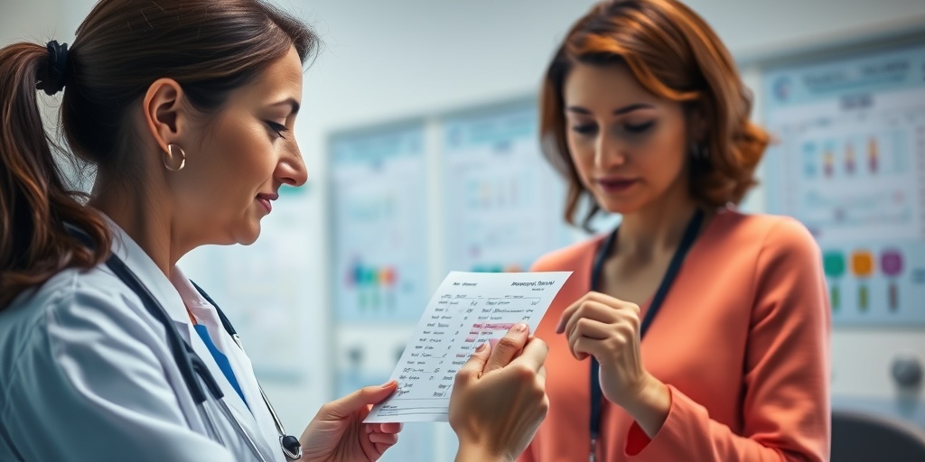 A healthcare professional examines blood test results in a well-lit clinic, showcasing empathy in patient care.  4.png