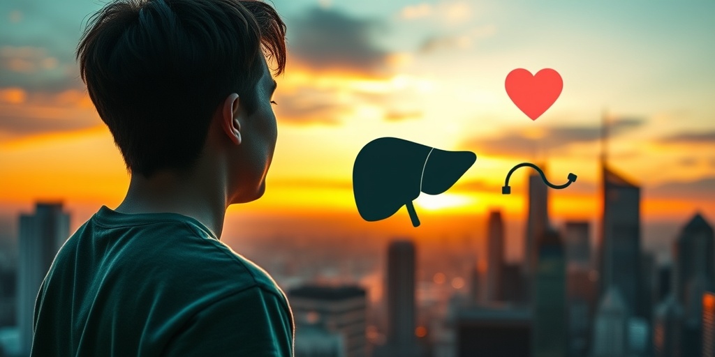 A hopeful young person gazes over a vibrant cityscape at sunset, symbolizing optimism and resilience for Gilbert's Disease.  5.png