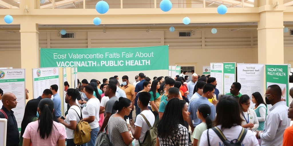 A lively community health fair features diverse attendees engaging in vaccination discussions, promoting public health and education.  5.png