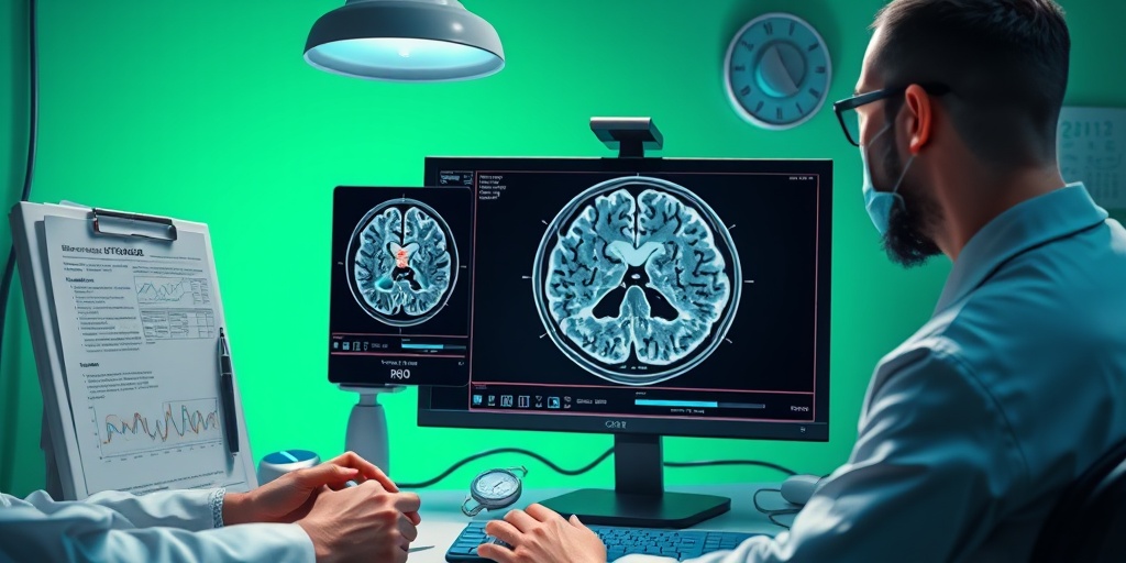 A medical professional analyzes a brain MRI, showcasing Arachnoidal Fibroblastoma, surrounded by tools in a calming green environment.  3.png