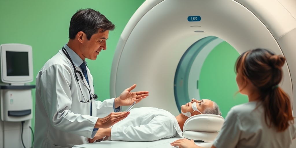 A medical professional compassionately explaining an MRI procedure to a patient’s family in a clinical setting.  3.png
