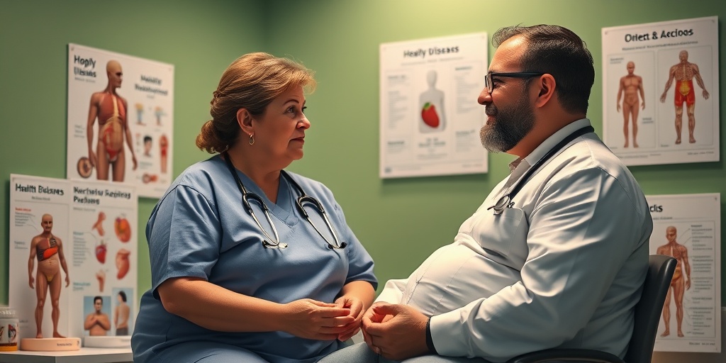 A medical professional discusses obesity health effects with a patient, surrounded by anatomical models and charts. 4.png