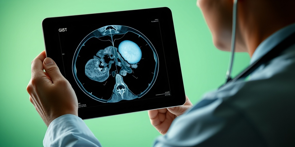 A medical professional examines a CT scan on a tablet, highlighting GIST characteristics in a calm, green-lit environment.3.png