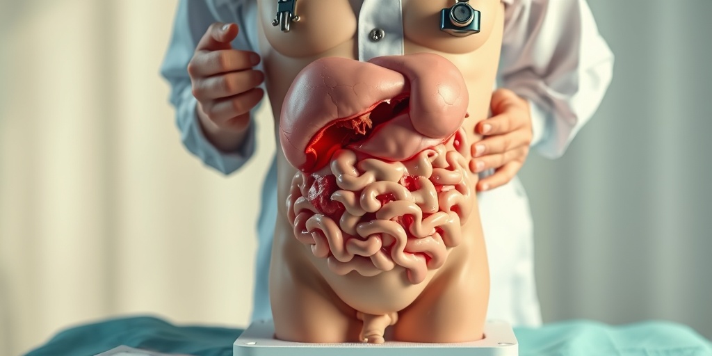 A medical professional examining an anatomical model, illustrating complications of appendicitis in a clinical environment.4.png