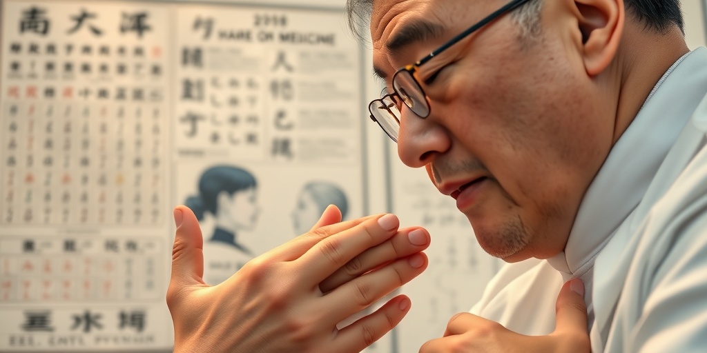 A middle-aged Asian man examines a patient's tongue and pulse, emphasizing personalized diagnosis in Chinese medicine.  3.png