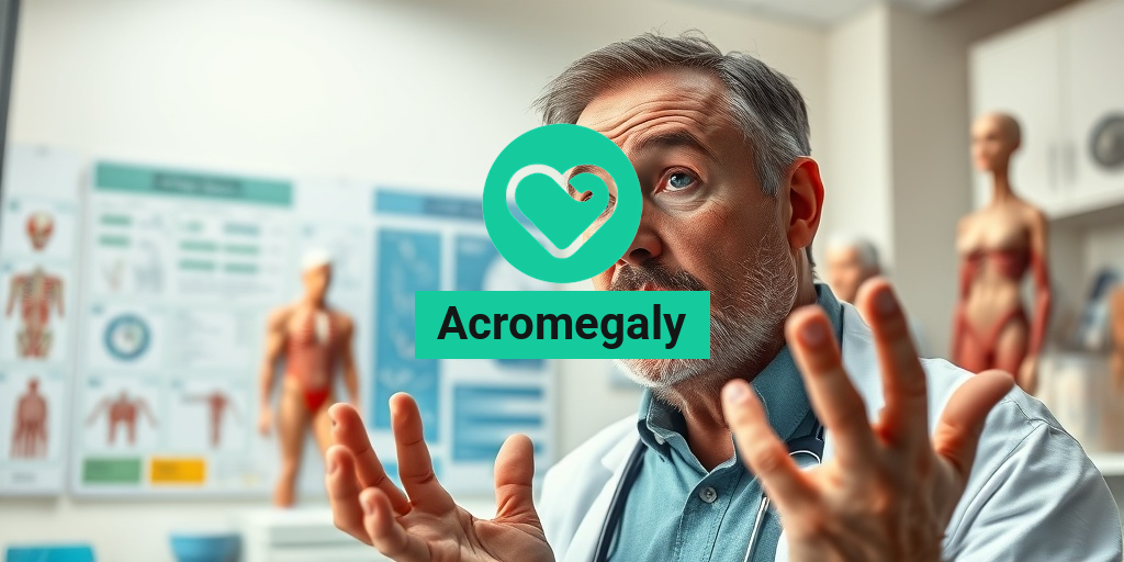 A middle-aged man with acromegaly contemplates in a doctor's office, surrounded by medical charts and anatomical models. • Yesil Health AI