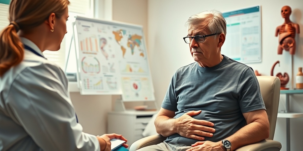 A middle-aged patient in a doctor's office shows discomfort, while a healthcare professional listens attentively, creating a supportive atmosphere.2.png