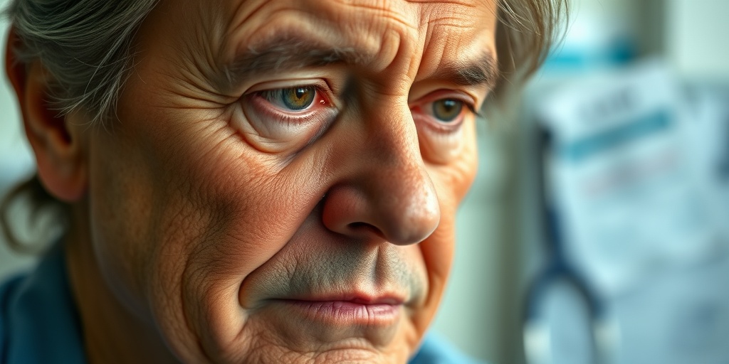 A middle-aged patient reflects thoughtfully in a serene doctor's office, illuminated by soft lighting, conveying the emotional impact of symptoms.2.png