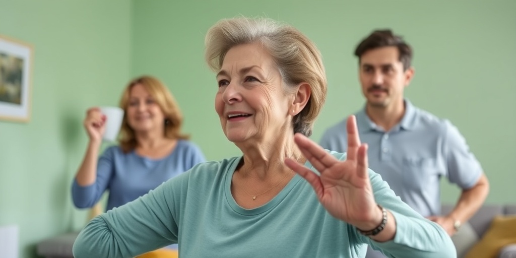 A middle-aged woman exercises at home, supported by family, symbolizing resilience while living with splenomegaly and rheumatoid arthritis.  5.png
