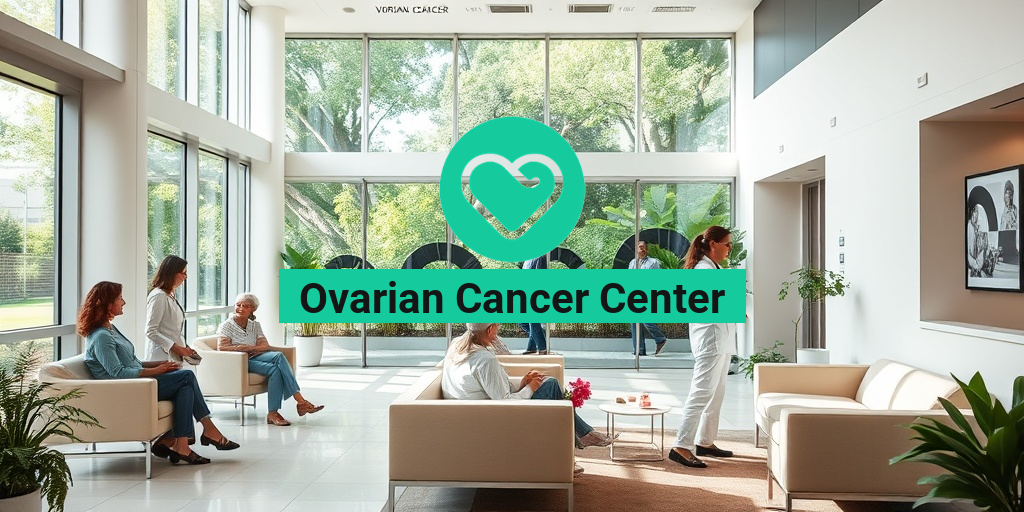 A modern Ovarian Cancer Center with large windows, inviting natural light and a calming atmosphere for patients. • Yesil Health AI