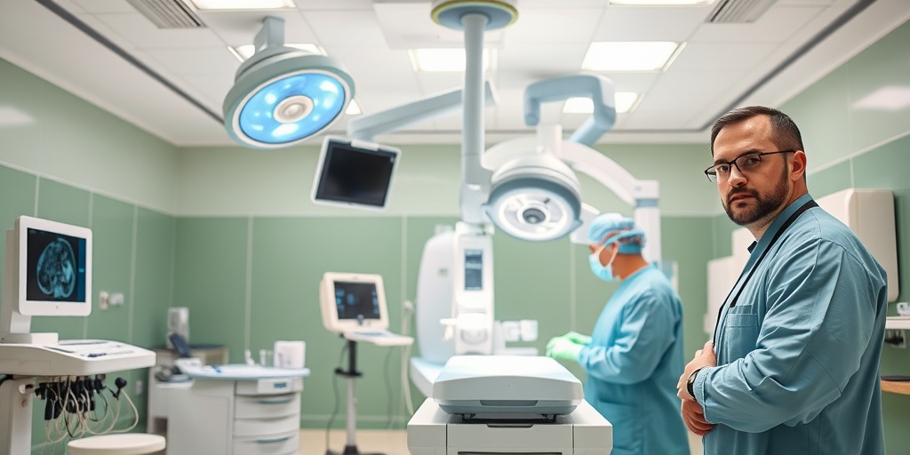 A modern medical facility displays advanced technology as a surgical team prepares for an AVM treatment procedure.  4.png