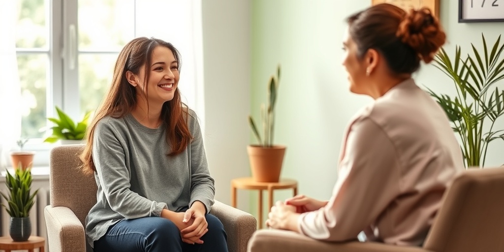 A mother engages in therapy with a compassionate therapist, surrounded by soft lighting and plants, symbolizing healing. 4.png