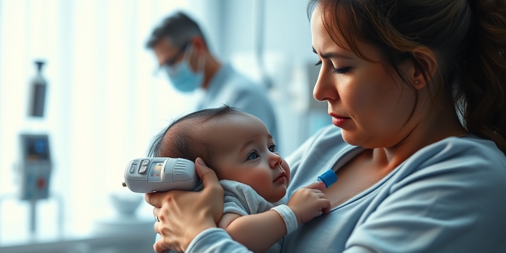 A mother holding her sick child in a hospital, connected to monitors, conveying deep concern and compassion in soft lighting.5.png