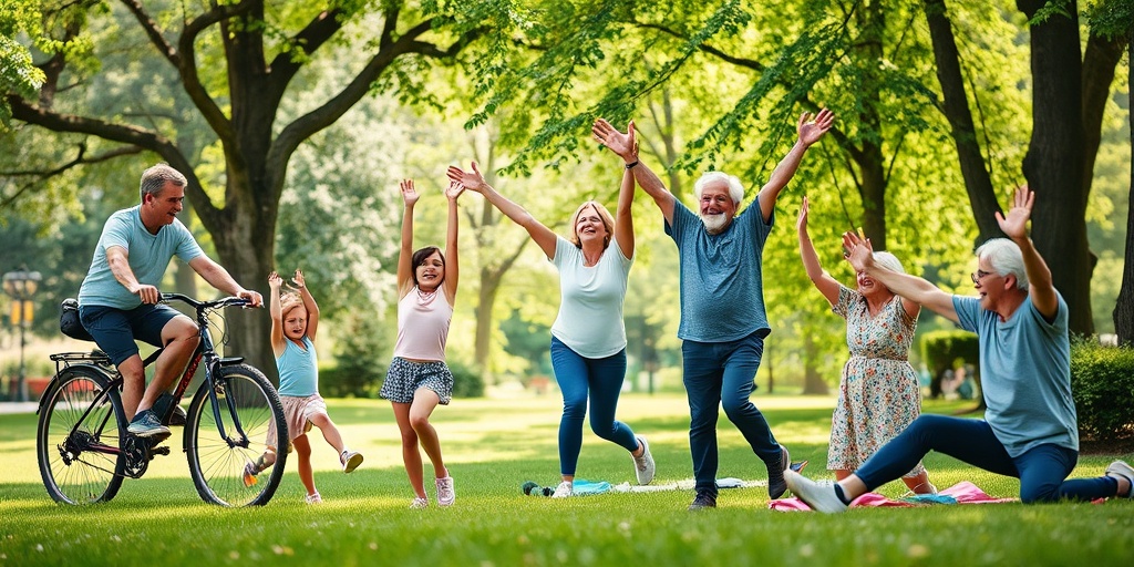 A multi-generational family enjoys fitness activities in a park, highlighting joy and health across different ages and stages.4.png