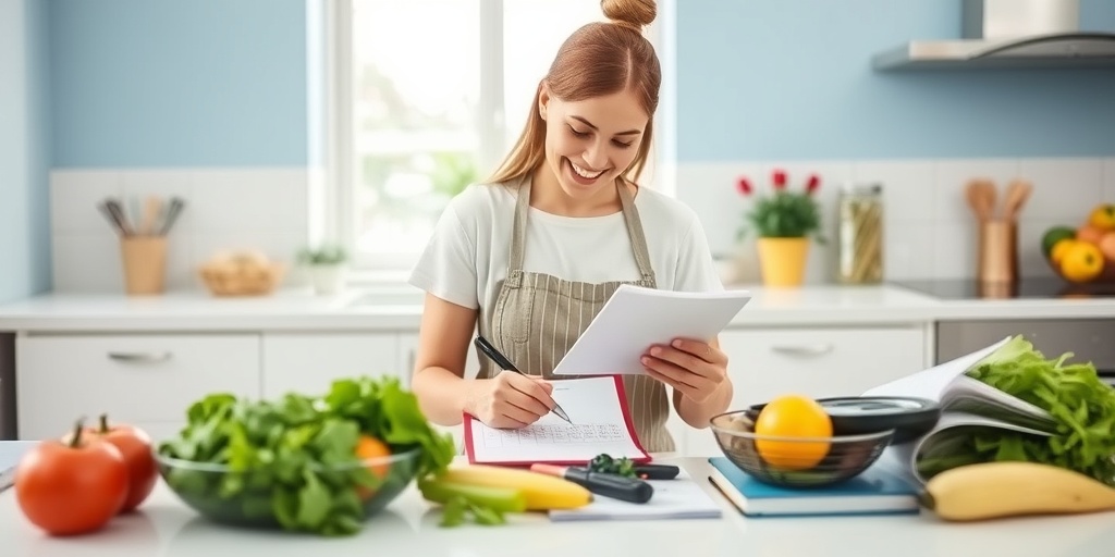 A parent planning meals on a notepad in a bright kitchen, surrounded by fresh ingredients and healthy cookbooks. 5.png