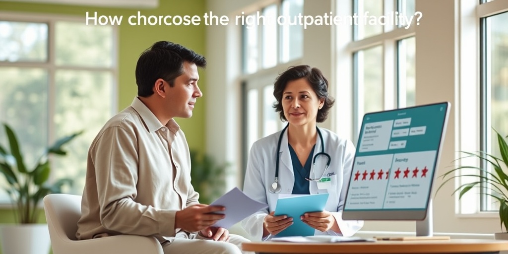 A patient consults a healthcare advisor, discussing factors for choosing the right outpatient facility in a bright environment.  4.png