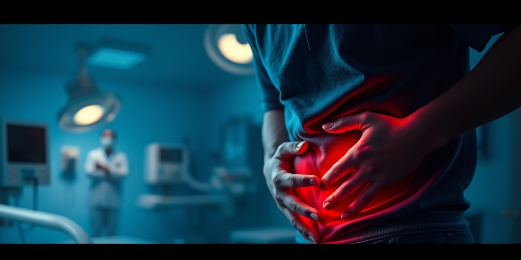 A patient in a clinical setting, clutching their abdomen in pain, surrounded by medical equipment and professionals.2.png