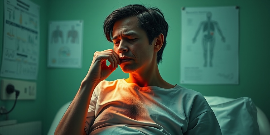 A patient in a clinical setting exhibits symptoms of Mixed Hepatic Porphyria, illuminated by warm light, conveying vulnerability.  2.png