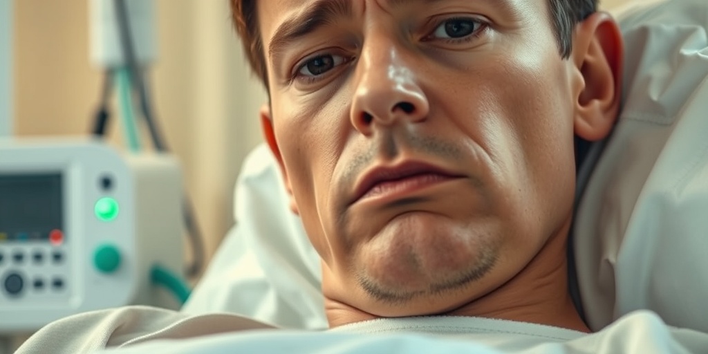 A patient in a clinical setting shows concern over abdominal pain, surrounded by medical equipment in soothing creamy whites and greens.  2.png