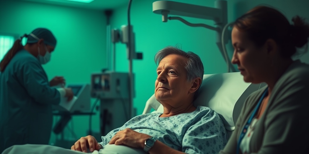 A patient receives treatment in a hospital, surrounded by caring staff and family, showcasing the challenges of HHT.  4.png
