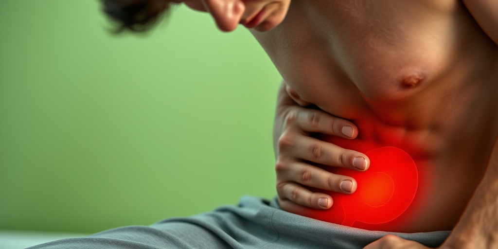 A patient seated in a serene environment, expressing discomfort from abdominal pain, with a faint kidney outline in the background.2.png
