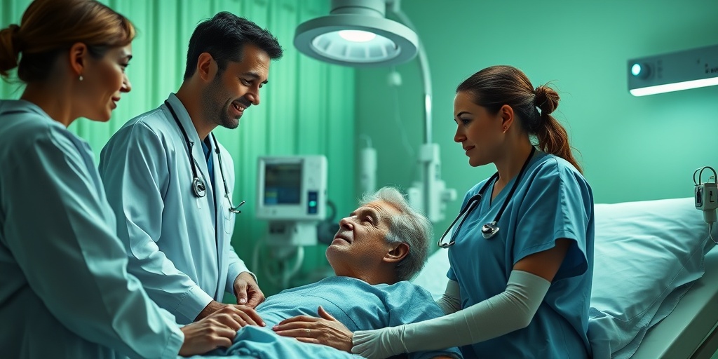 A patient with acromegaly receives compassionate care in a softly lit hospital room, showcasing supportive healthcare interactions. 4.png