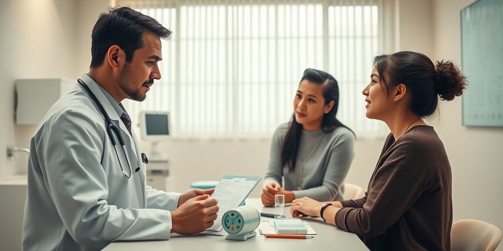 A pediatrician discusses treatment options with parents in a clinic, emphasizing communication and care in a soothing environment. 4.png