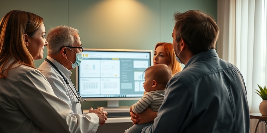 A pediatrician discussing RSV treatment options with parents in a modern clinic, creating a reassuring and hopeful atmosphere.4.png