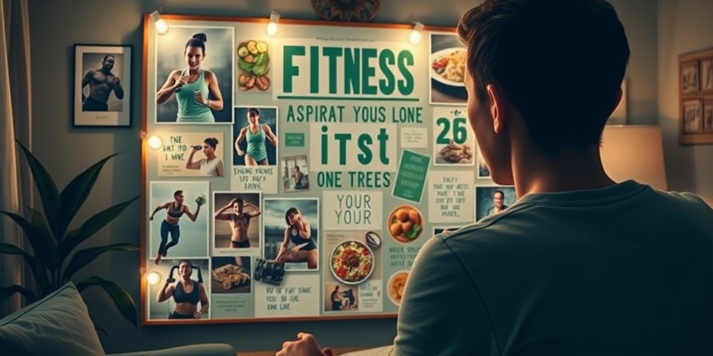 A person gazes at a vision board filled with fitness aspirations, surrounded by inspiring images in a cozy home environment.5.png