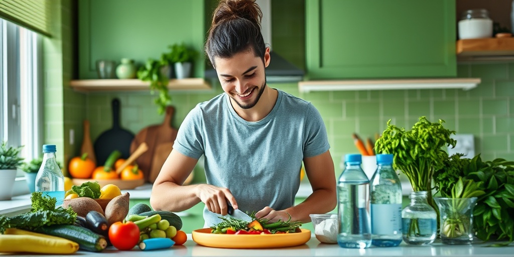 A person joyfully preparing a healthy meal in a bright kitchen, surrounded by fresh ingredients and hydration options.  5.png