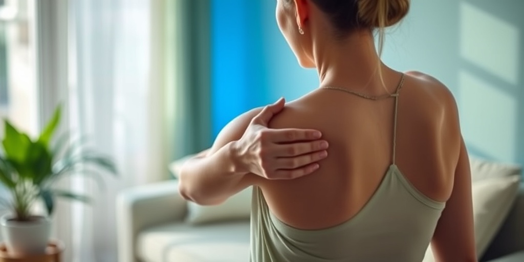 A person practices gentle stretching exercises for frozen shoulder in a serene home setting, surrounded by calming green decor.5.png