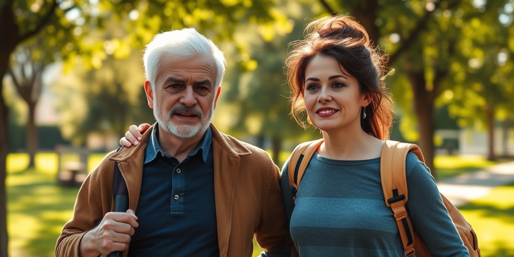 A person with Pulmonary Arterial Hypertension walks in a park with a friend, embodying resilience amidst lush greenery and soft blue skies. 5.png