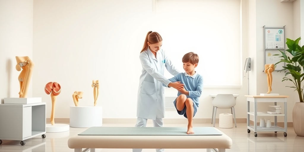 A physical therapist guides a young patient through knee exercises in a calming clinical setting, focusing on rehabilitation.  4.png