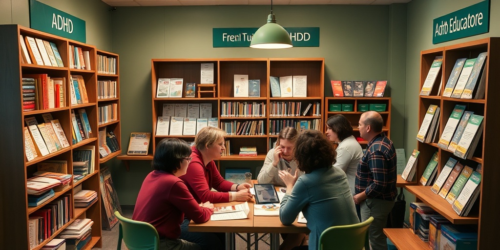 A resource center filled with ADHD materials, where parents and educators collaborate in a warm, inviting atmosphere.  5.png