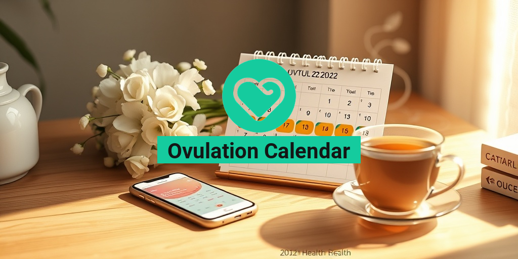 A serene ovulation calendar on a wooden desk, surrounded by warm light and delicate floral accents. • Yesil Health AI