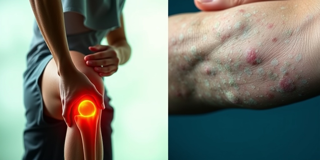 A split image contrasts joint pain in a person with inflamed psoriasis skin, set against calming green and blue tones.  2.png