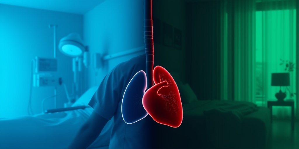 A split scene depicts a patient receiving heart failure treatment in a hospital, contrasting with a serene home environment. 4.png