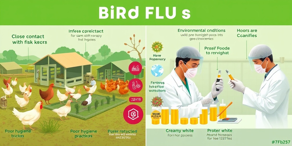 A split view illustrates Bird Flu risk factors, featuring interactions with birds and laboratory analysis, emphasizing awareness.  3.png