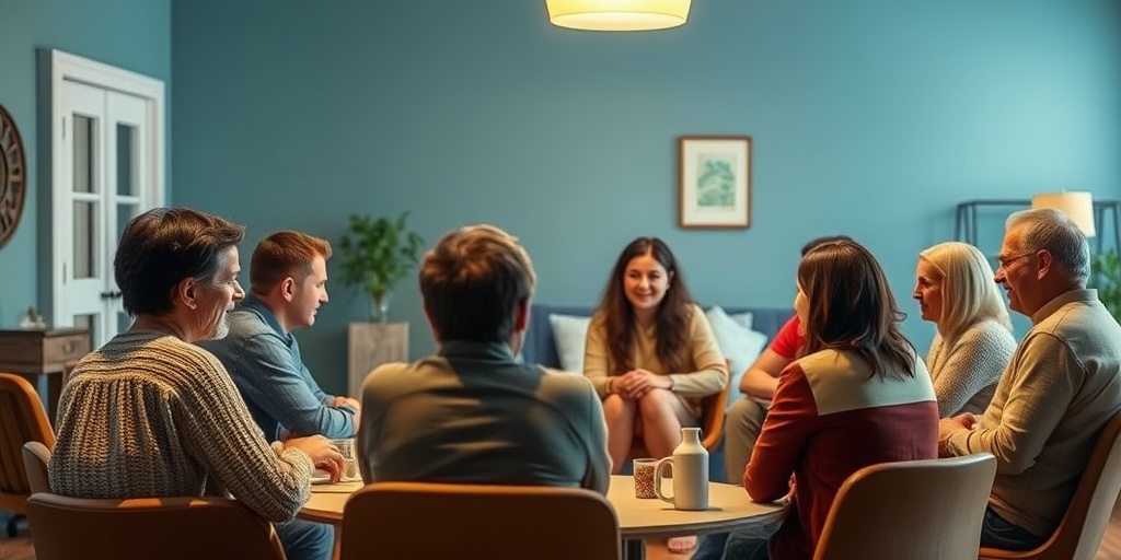 A support group meeting in a community center, where families share experiences related to Epidermolysis Bullosa in a warm environment.  5.png