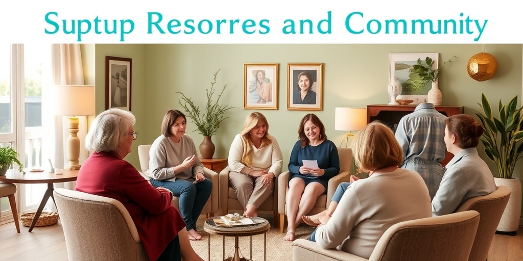 A support group meeting in a warm space, participants sharing experiences, fostering community and encouragement for cancer journeys.  5.png